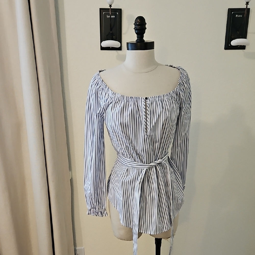Rag & Bone Blue and White Tie Front Relaxed Blouse
